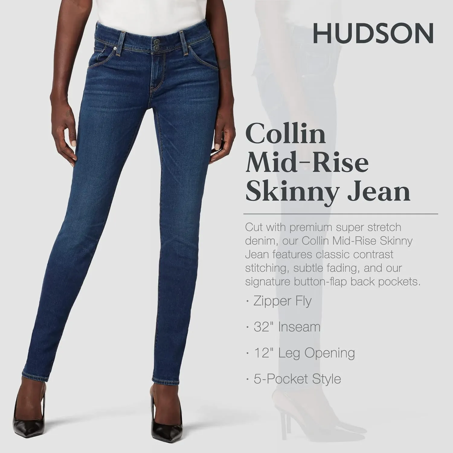 HUDSON Women's Collin Mid Rise Skinny Ankle Jean with Back Flap Pockets