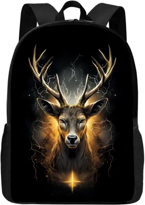 Huke Kids Deer Backpack for Boys Girls, Cool Lightning Backpack for School & Travel, Big Kids Child Backpacks, Elementary Middle High College Student Bookbag, Black Gold Animal Print, 17 Inch