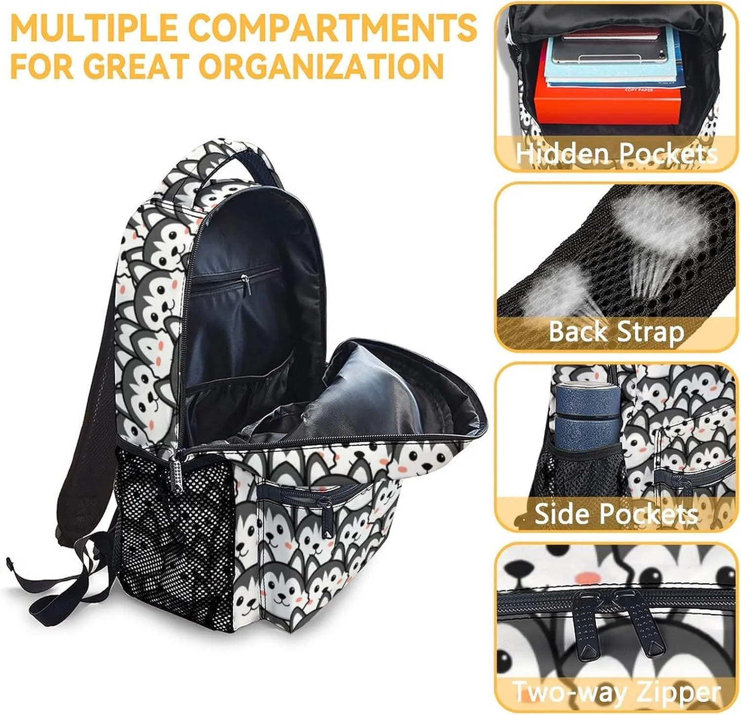 Husky Backpack for Girls Boys, 16 Inch Black Dog Backpacks for School, Cute, Adjustable Straps, Durable, Lightweight, Large Capacity Bookbag for Kids