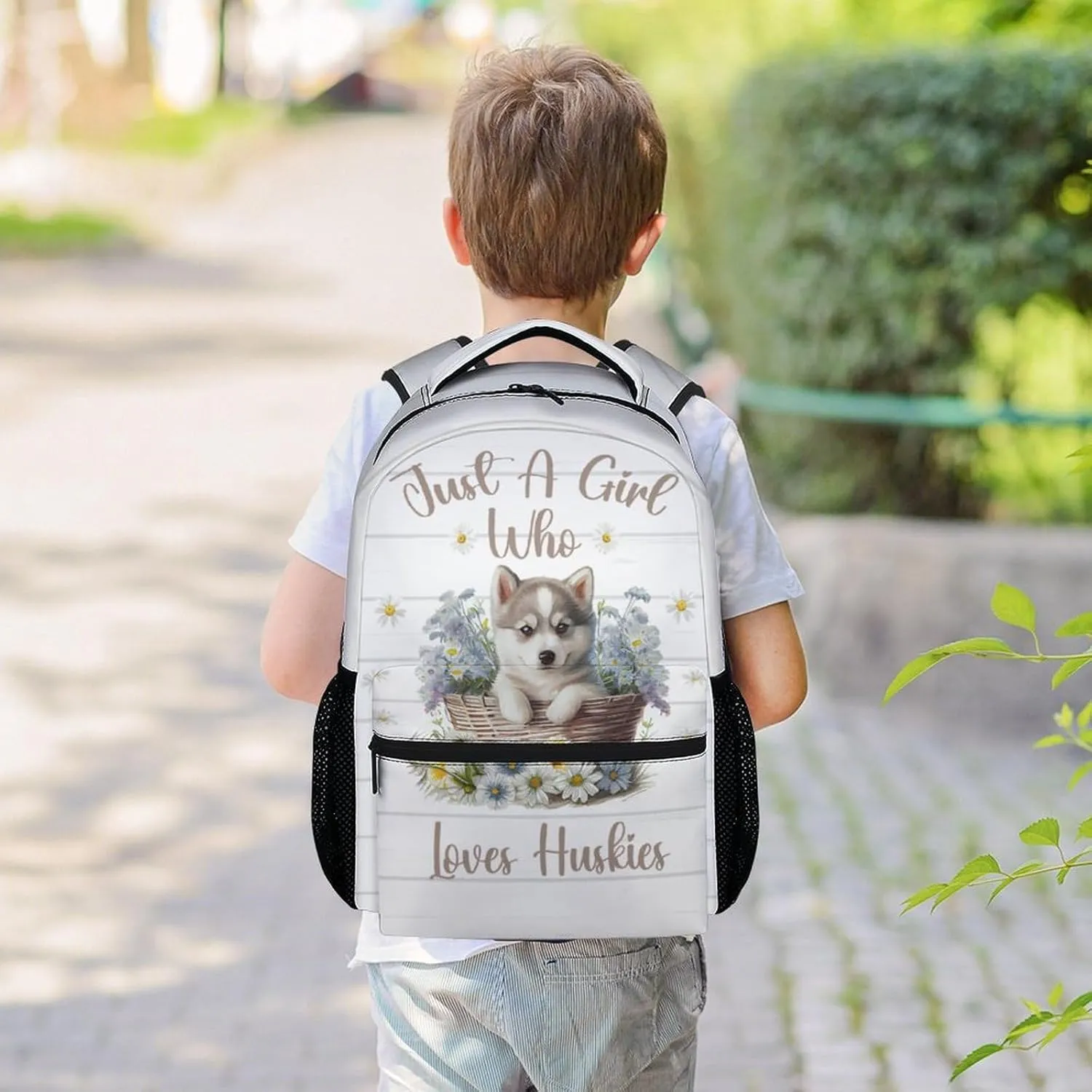 Husky Backpack for Girls Boys, 16 Inch White Dog Backpacks for School, Cute, Adjustable Straps, Durable, Lightweight, Large Capacity Bookbag for Kids