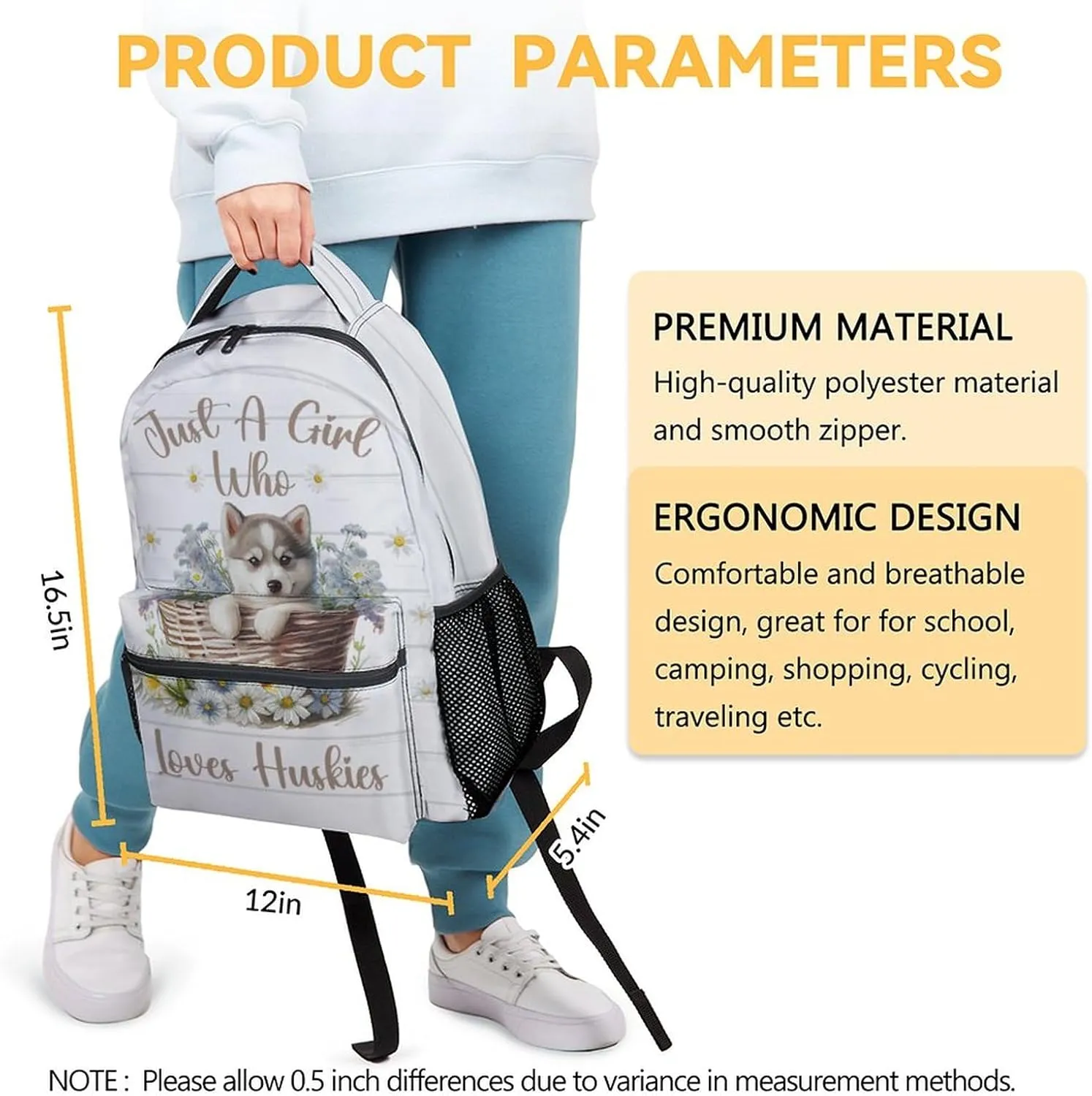 Husky Backpack for Girls Boys, 16 Inch White Dog Backpacks for School, Cute, Adjustable Straps, Durable, Lightweight, Large Capacity Bookbag for Kids