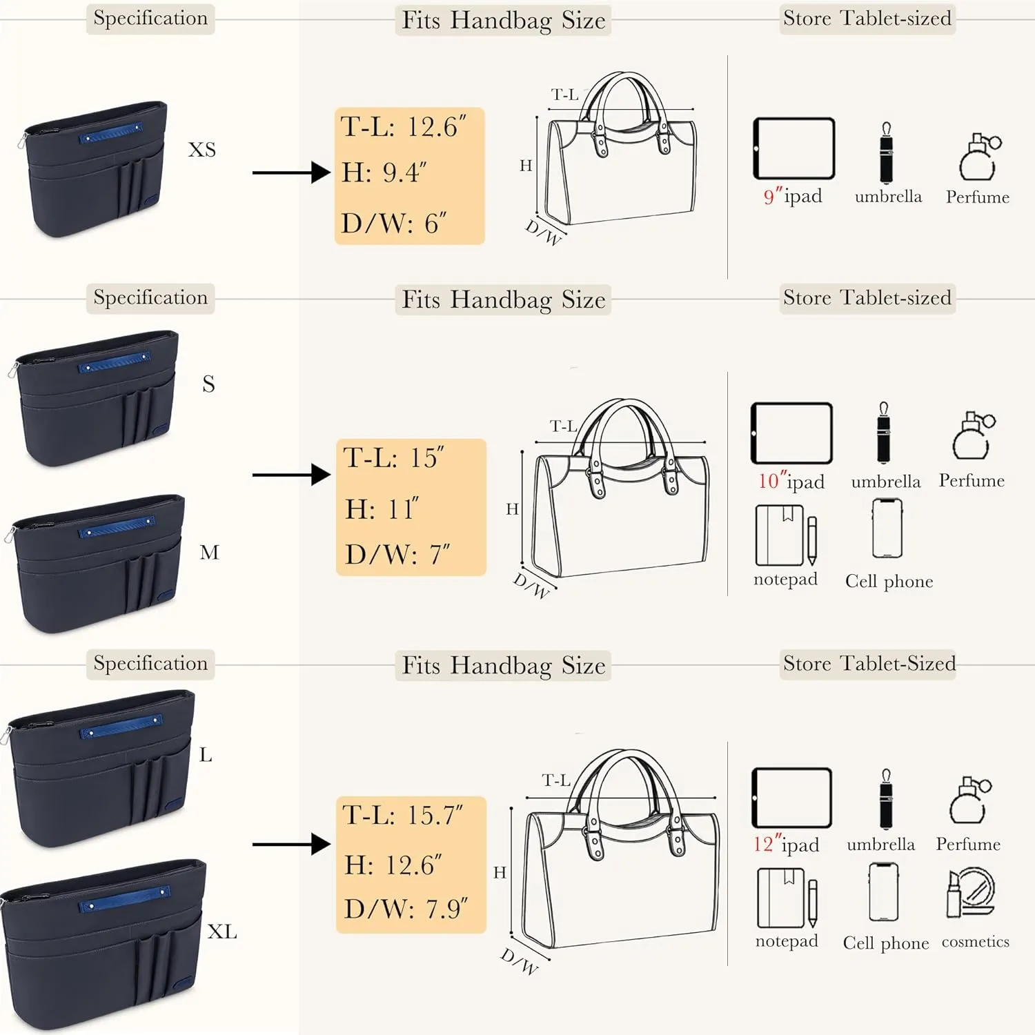 HyFanStr Purse Organizer Insert for Handbags,Tote Bag Organizer Insert Zipper Bag for Women, Handbag Organizer Inside Liner with 15 Pockets