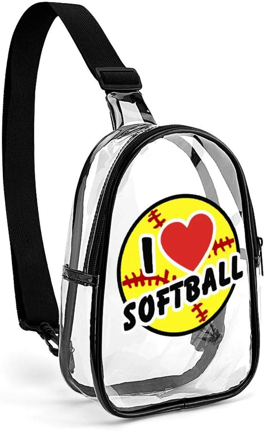 I Love Softball Cute Crossbody Sling Bag Unisex Transparent Chest Bag Adjustable Strap Shoulder Bag