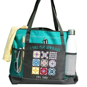 I Still Play With Blocks Quilt Patterns Sewing Lover Tote Bag - Practical Quilting Tote with Zippered Compartment & Mesh Pockets - Ideal Gift for Quilters & Sewing Lovers
