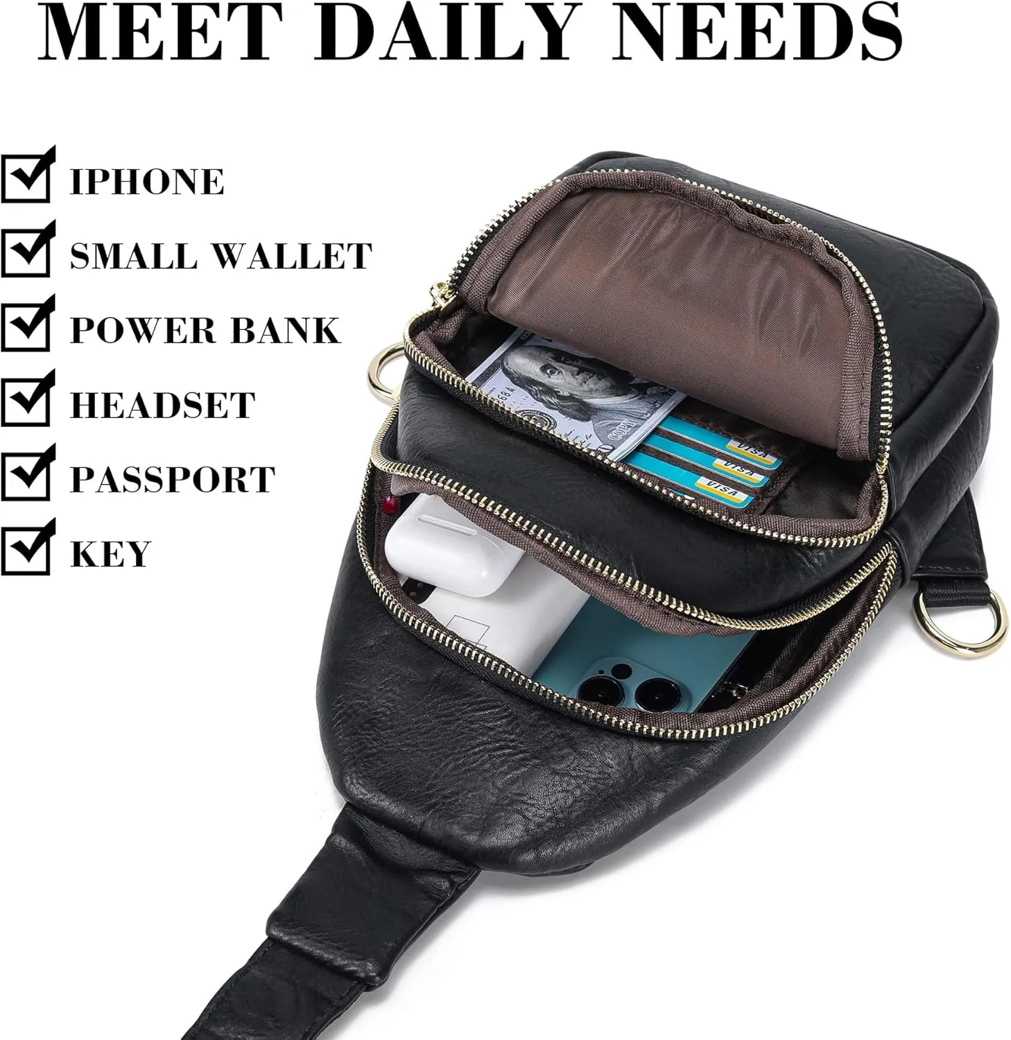 INICAT Crossbody Sling Bags Fanny Packs Leather Purses Chest Bag for Women