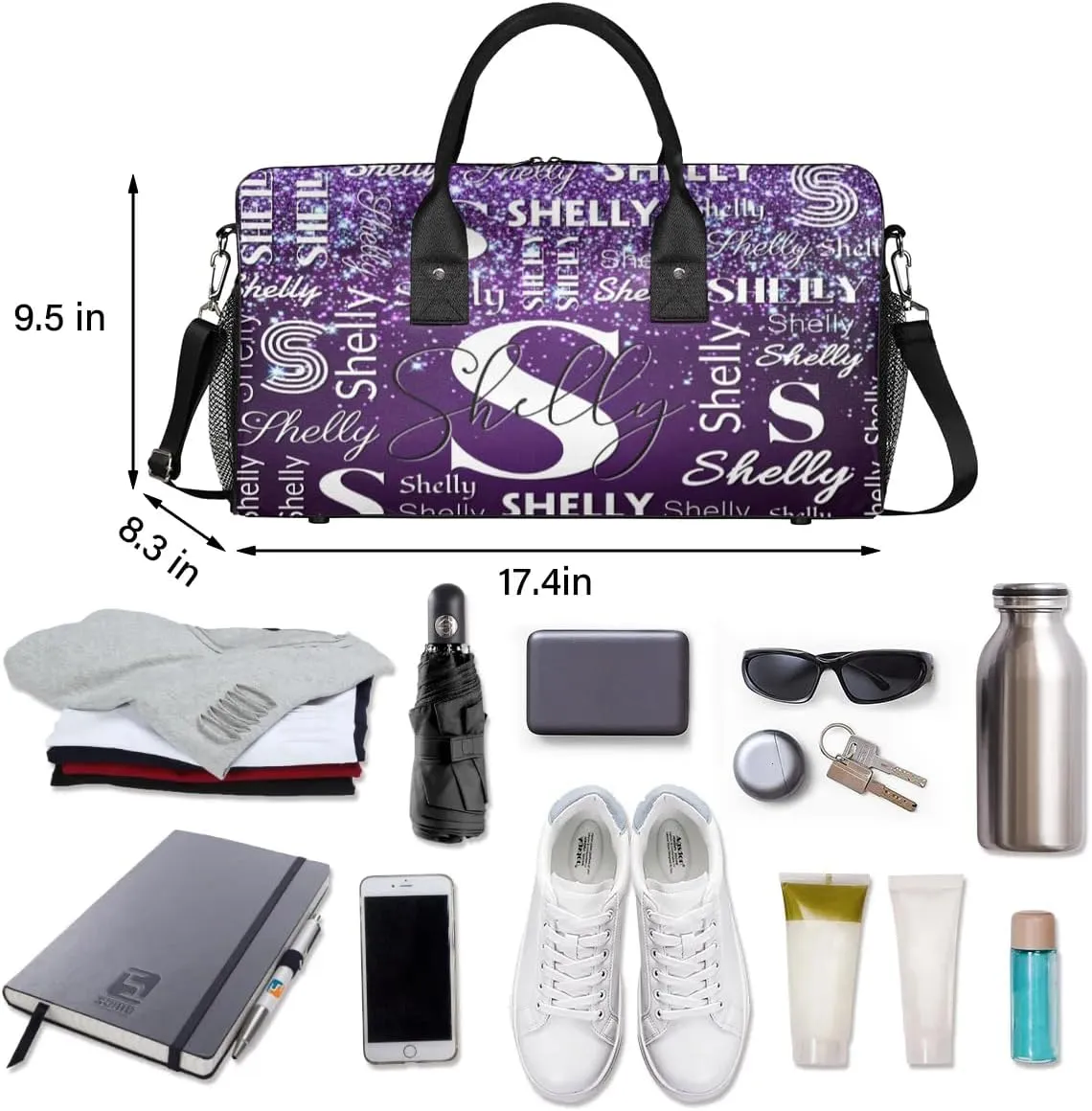 Initial Duffle Bag Personalized Travel Sports Duffel Bag Custom Name Weekender Overnight Bag Foldable Gym Bag Travel Dance Gymnastics Duffel Tote Bag Dark Purple