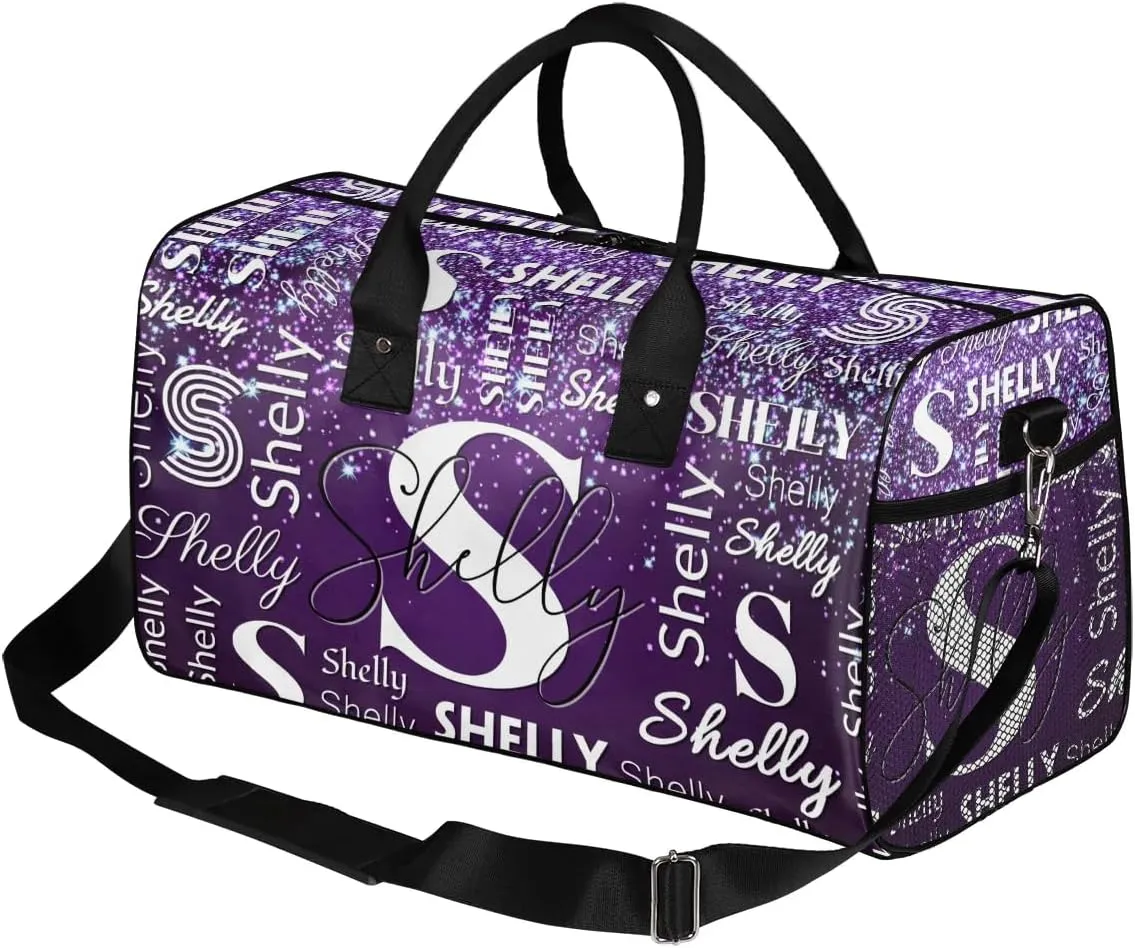Initial Duffle Bag Personalized Travel Sports Duffel Bag Custom Name Weekender Overnight Bag Foldable Gym Bag Travel Dance Gymnastics Duffel Tote Bag Dark Purple