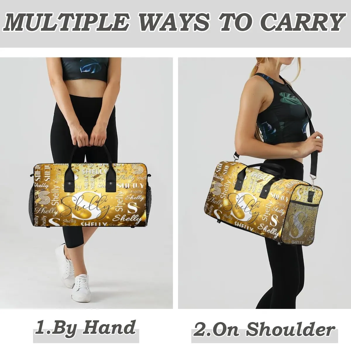Initial Duffle Bag Personalized Travel Sports Duffel Bag Custom Name Weekender Overnight Bag Foldable Gym Bag Travel Dance Gymnastics Duffel Tote Bag Gold Glitter