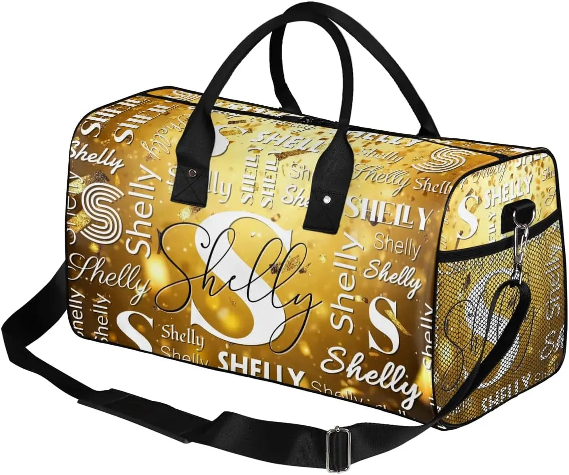 Initial Duffle Bag Personalized Travel Sports Duffel Bag Custom Name Weekender Overnight Bag Foldable Gym Bag Travel Dance Gymnastics Duffel Tote Bag Gold Glitter