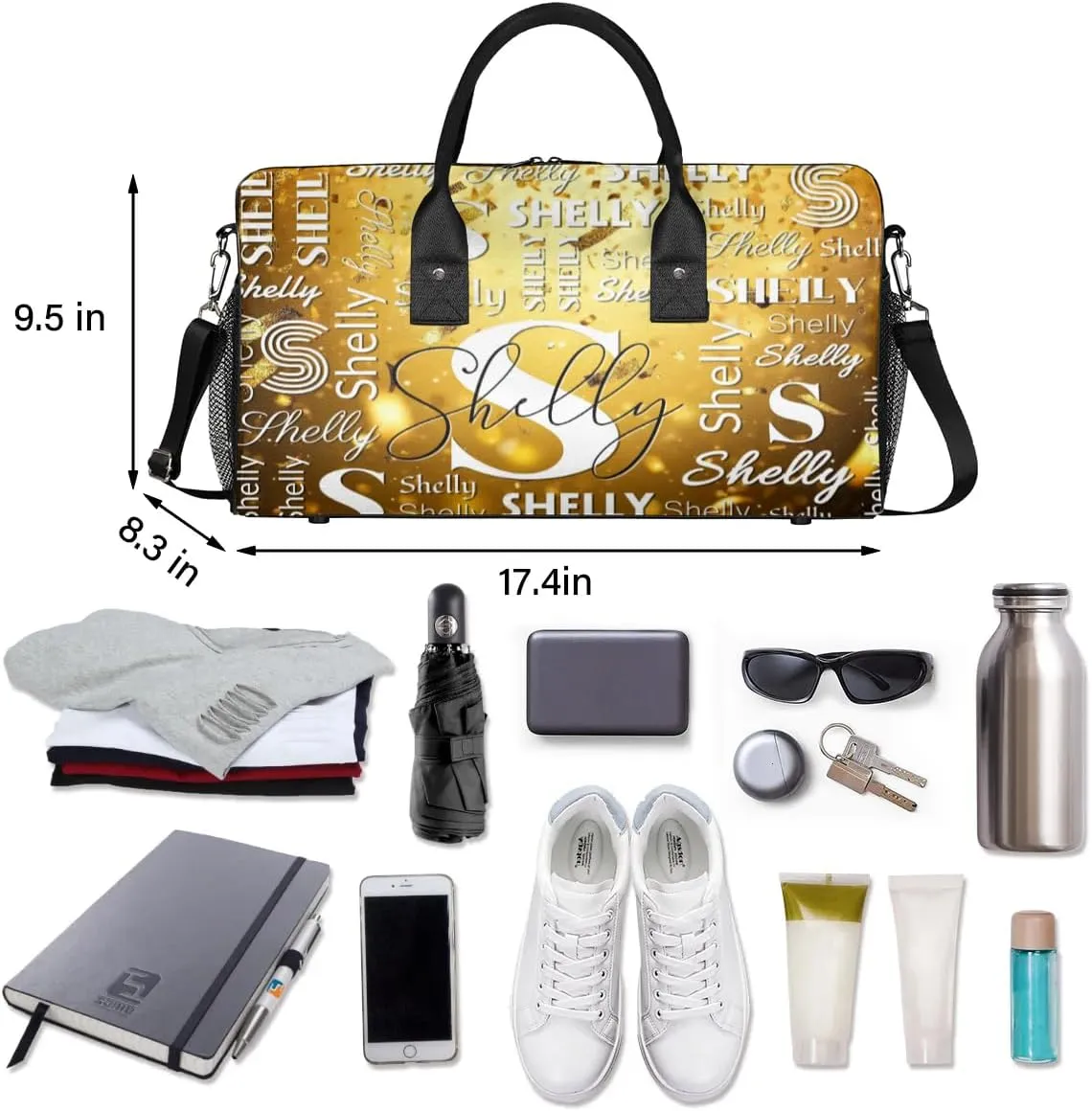 Initial Duffle Bag Personalized Travel Sports Duffel Bag Custom Name Weekender Overnight Bag Foldable Gym Bag Travel Dance Gymnastics Duffel Tote Bag Gold Glitter