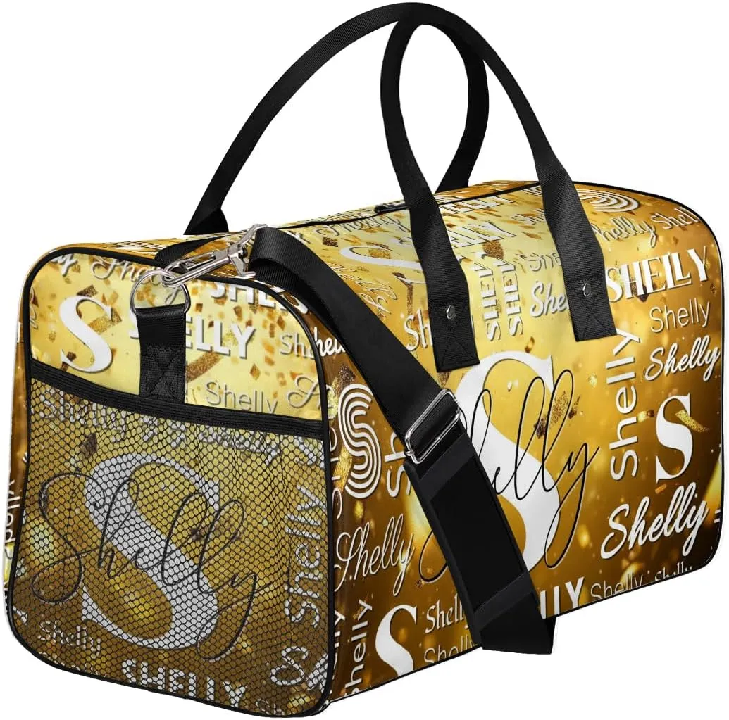 Initial Duffle Bag Personalized Travel Sports Duffel Bag Custom Name Weekender Overnight Bag Foldable Gym Bag Travel Dance Gymnastics Duffel Tote Bag Gold Glitter