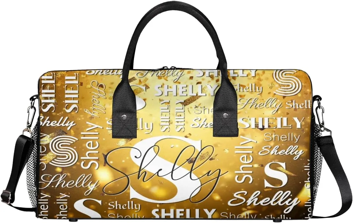 Initial Duffle Bag Personalized Travel Sports Duffel Bag Custom Name Weekender Overnight Bag Foldable Gym Bag Travel Dance Gymnastics Duffel Tote Bag Gold Glitter