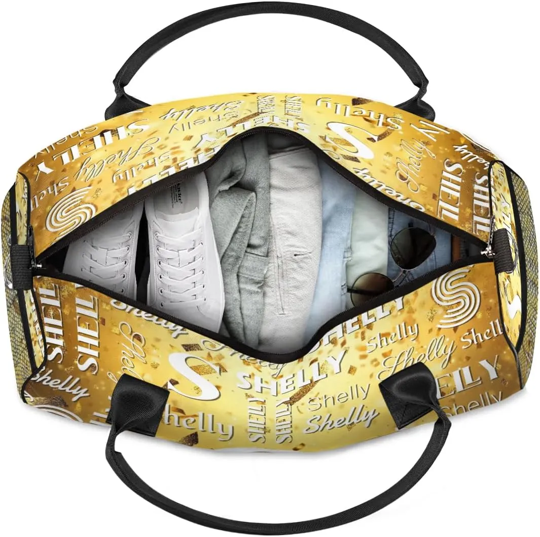 Initial Duffle Bag Personalized Travel Sports Duffel Bag Custom Name Weekender Overnight Bag Foldable Gym Bag Travel Dance Gymnastics Duffel Tote Bag Gold Glitter