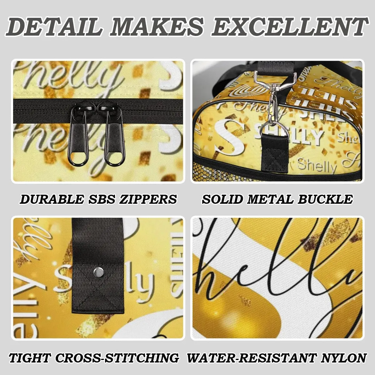 Initial Duffle Bag Personalized Travel Sports Duffel Bag Custom Name Weekender Overnight Bag Foldable Gym Bag Travel Dance Gymnastics Duffel Tote Bag Gold Glitter