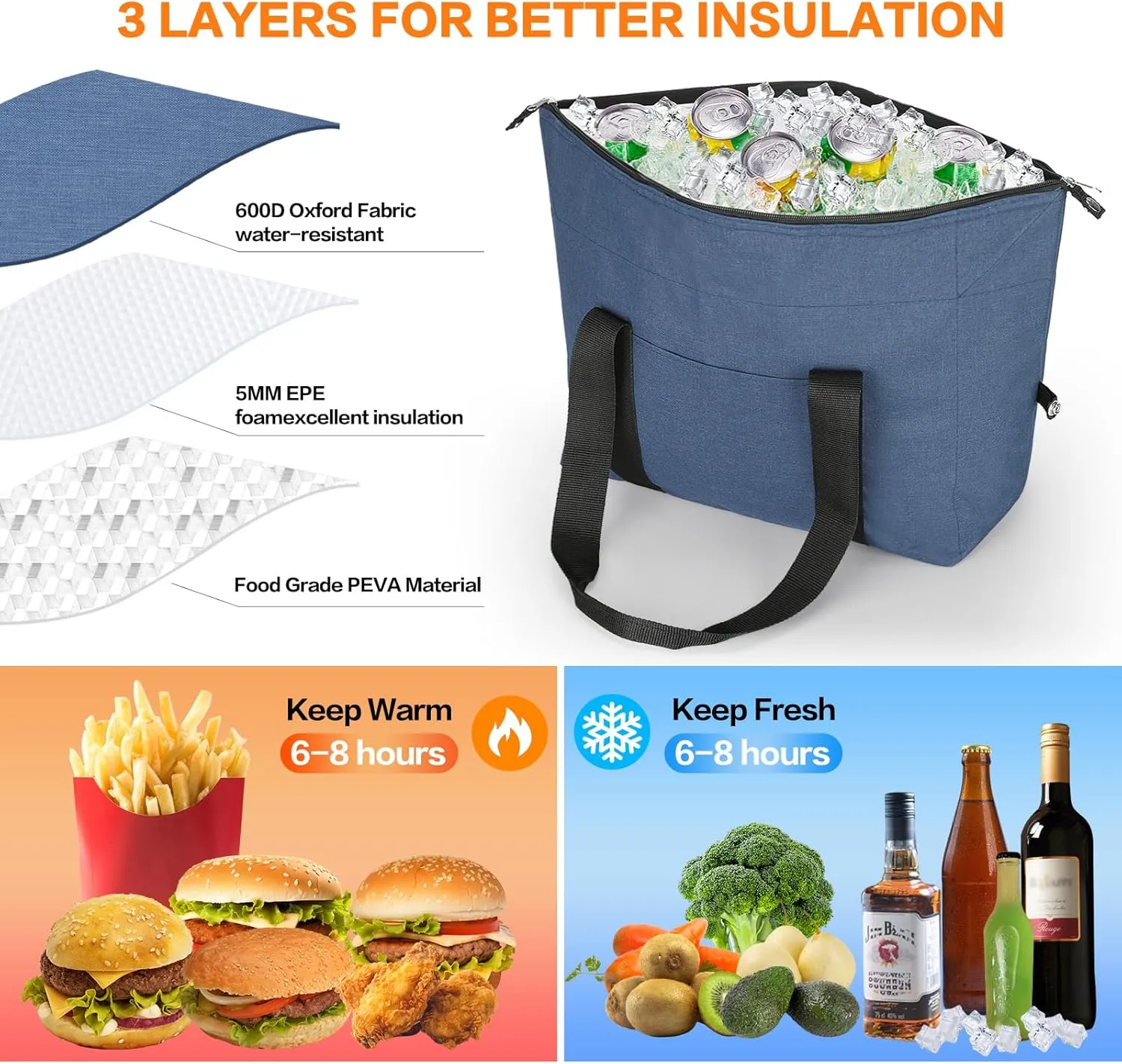 Insulated Cooler Bag - Reusable, Collapsible Cooler Grocery Bag, Thermal Foam Insulation for Hot/Cold Food, Ideal for Delivery, Travel,Beach and Picnics