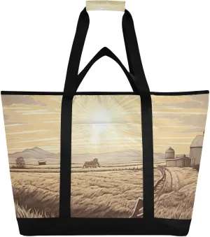 Insulated Cooler Tote Bag, Reusable Grocery Bag for Hot/Cold Food - Large Capacity, Barn Landscape Cooler Bags for Travel, Picnics, Beach, and Delivery