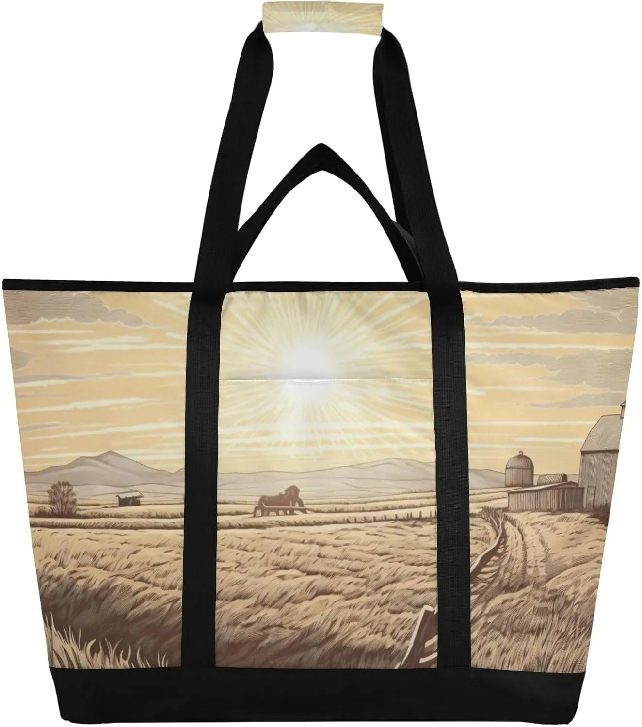 Insulated Cooler Tote Bag, Reusable Grocery Bag for Hot/Cold Food - Large Capacity, Barn Landscape Cooler Bags for Travel, Picnics, Beach, and Delivery