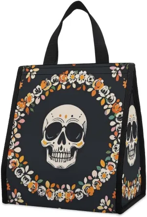 Insulated Lunch Bag A Wreath Surrounds The Skeleton Lunch Box for Women Men Leakproof Cooler Bag Foldable Adult Lunch Tote Bag for Work Waterproof Lunch Container for Office Picnic