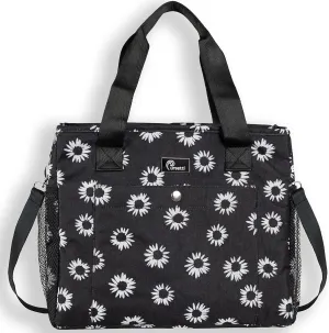Insulated Lunch Bag for Women-Reusable Large Lunch Tote Bag with Water Bottle Holder & Leak-Proof Lining for Work or Travel-Carry by Hand, On the Shoulder or Crossbody (Black Daisy)