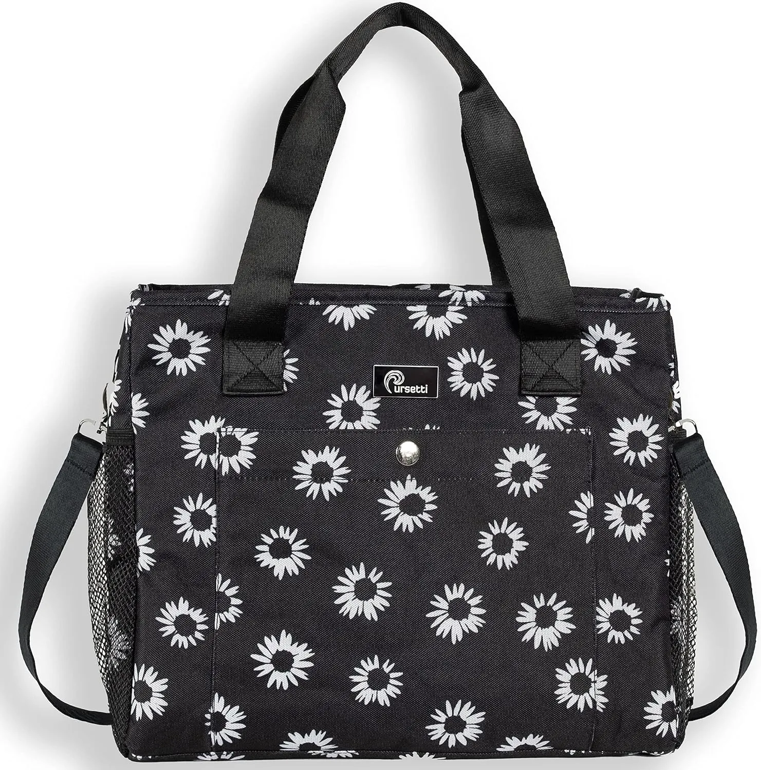 Insulated Lunch Bag for Women-Reusable Large Lunch Tote Bag with Water Bottle Holder & Leak-Proof Lining for Work or Travel-Carry by Hand, On the Shoulder or Crossbody (Black Daisy)
