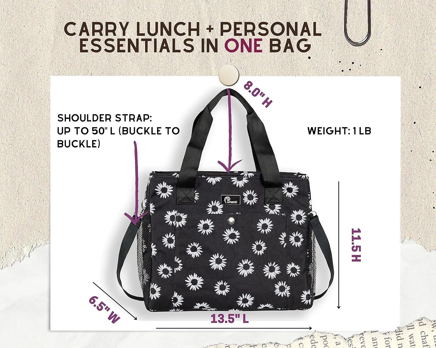 Insulated Lunch Bag for Women-Reusable Large Lunch Tote Bag with Water Bottle Holder & Leak-Proof Lining for Work or Travel-Carry by Hand, On the Shoulder or Crossbody (Black Daisy)