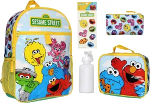 INTIMO Sesame Street Group Cookie Monster Elmo Big Bird 5 PC Mega Set Backpack Lunch Box Pencil Pouch Waterbottle Stickers