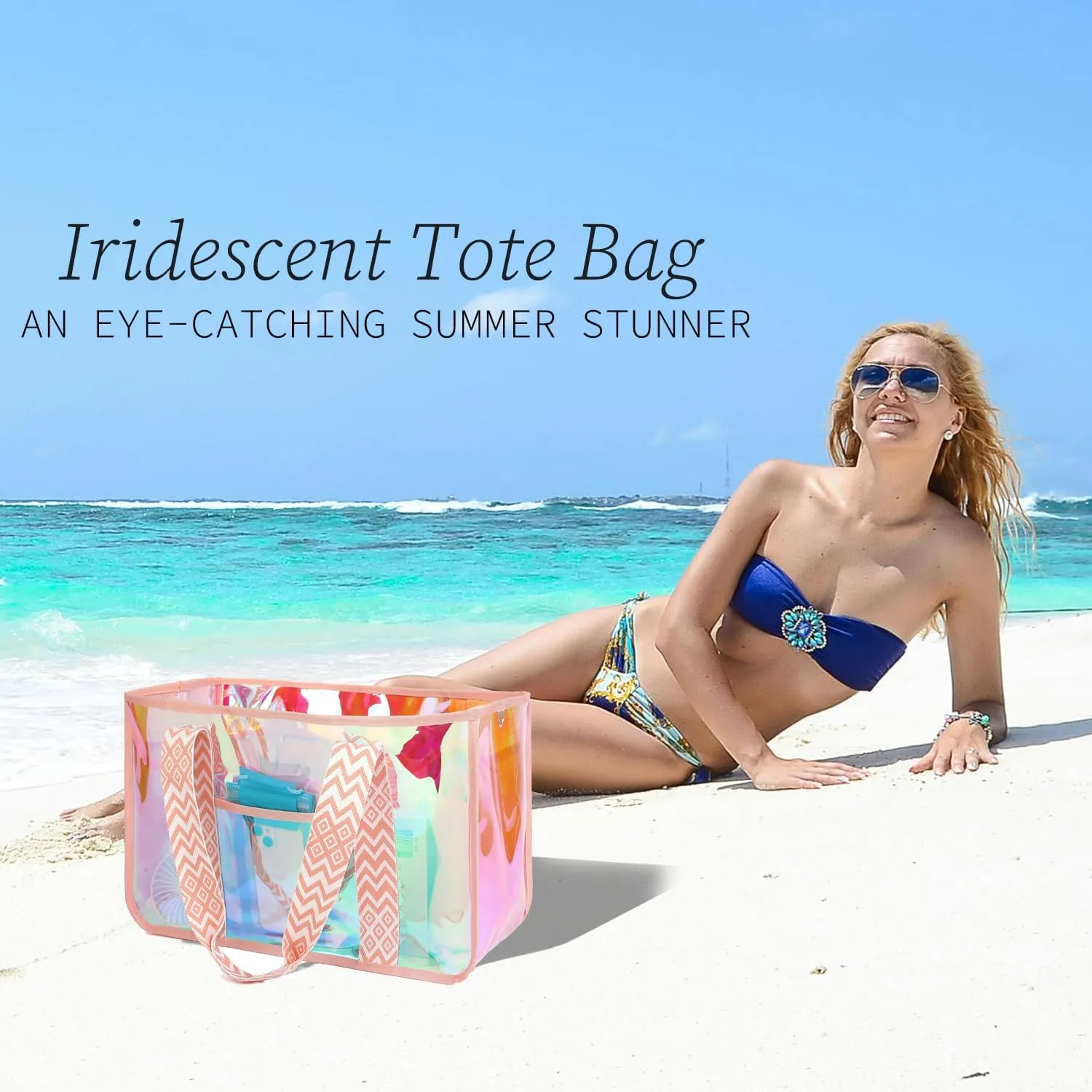 Iridescent Clear Beach Bag for Women, Large Pool Tote Cruise Vacation Essentials - Waterproof, Zipper Closure