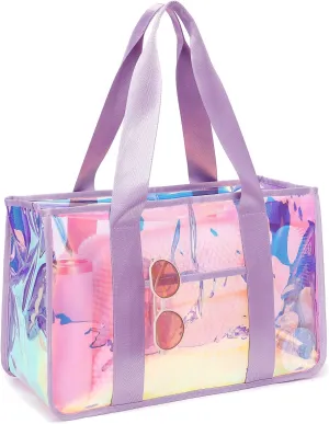 Iridescent Clear Beach Bag for Women, Large Pool Tote Cruise Vacation Essentials - Waterproof, Zipper Closure