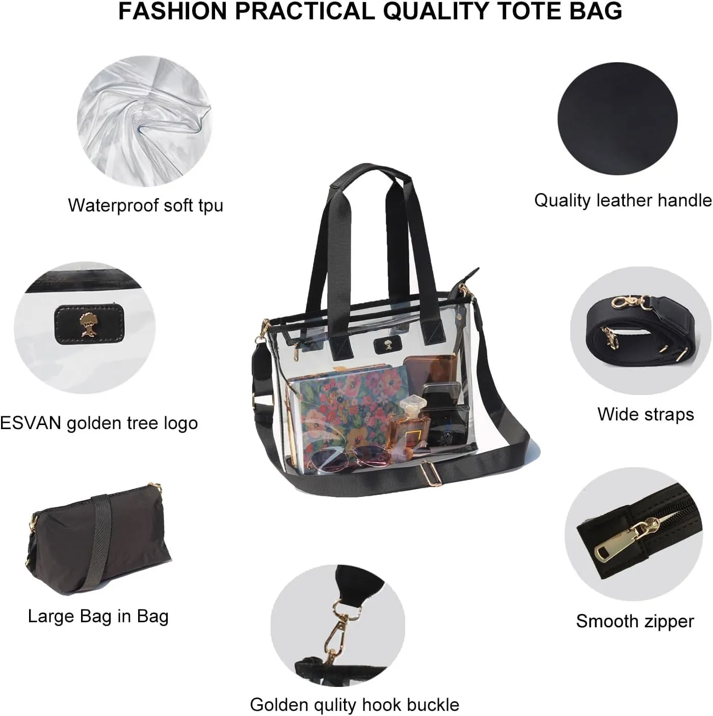 Iridescent Soap Bubble Clear Tote Bag – Stadium Approved with Bag-in-Bag Shoulder Design for Concerts, Beaches, Events