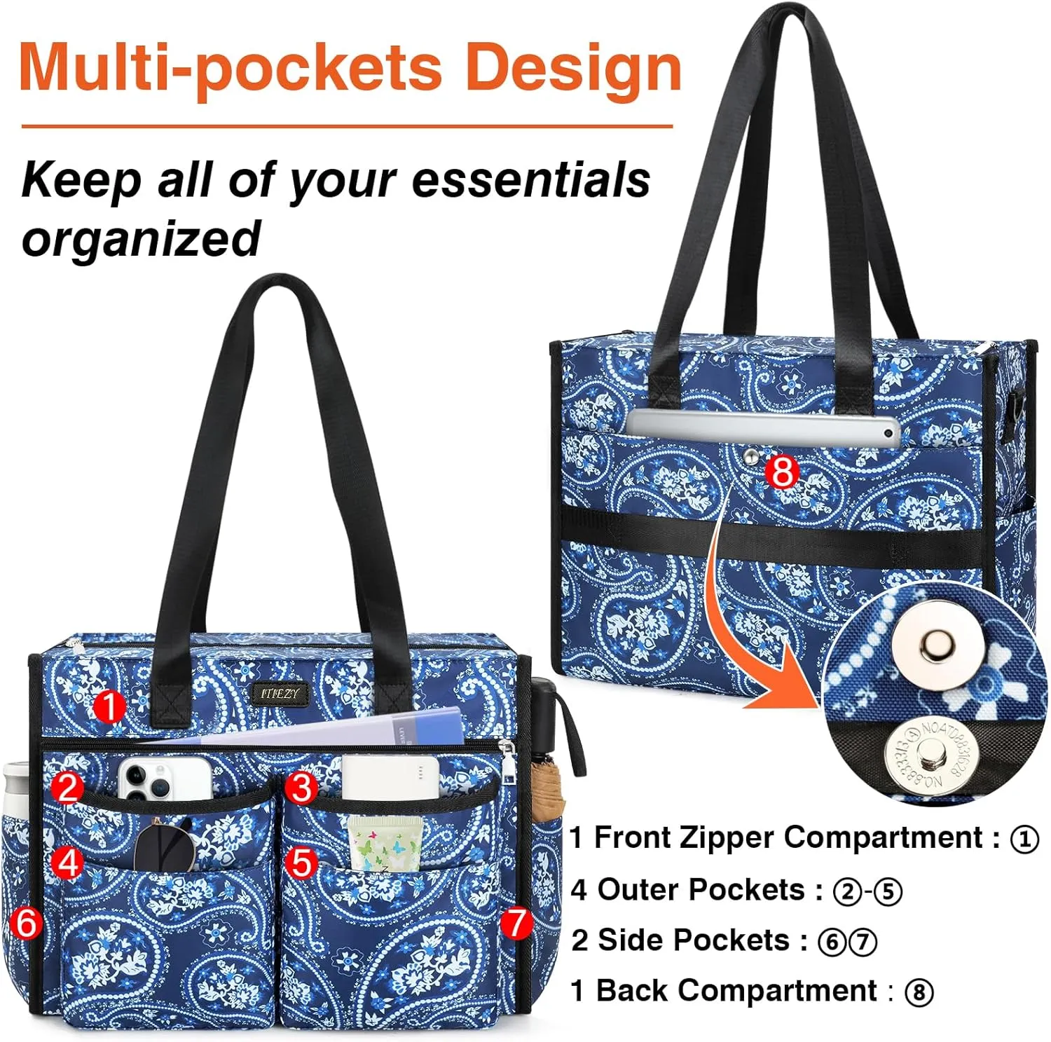 ITIEZY Utility Tote Bag for Women with 15/18 Pockets - Large Teacher Tote Bag with Zipper Compartment Nurse Bags for Work