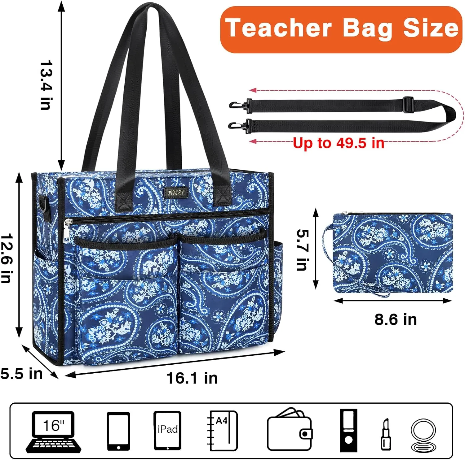 ITIEZY Utility Tote Bag for Women with 15/18 Pockets - Large Teacher Tote Bag with Zipper Compartment Nurse Bags for Work