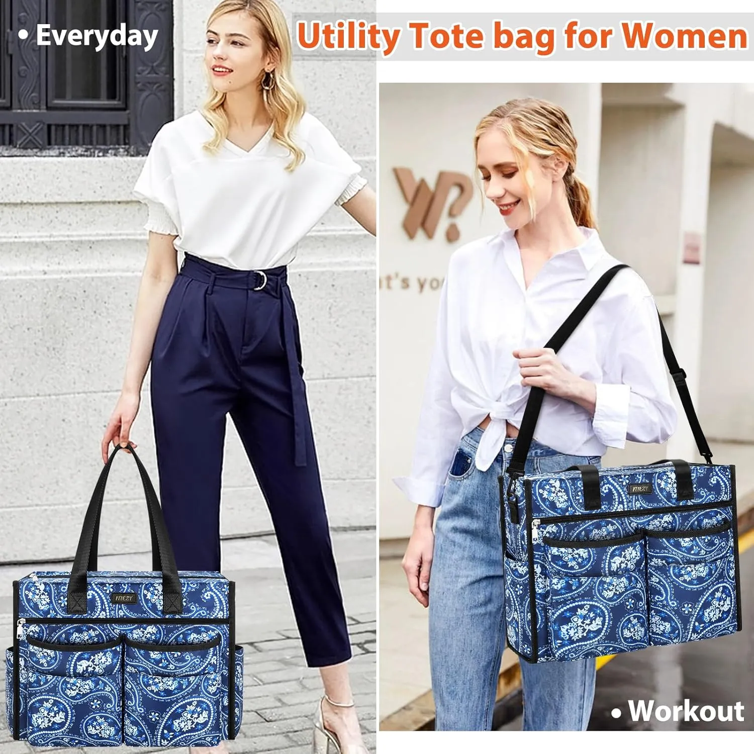 ITIEZY Utility Tote Bag for Women with 15/18 Pockets - Large Teacher Tote Bag with Zipper Compartment Nurse Bags for Work