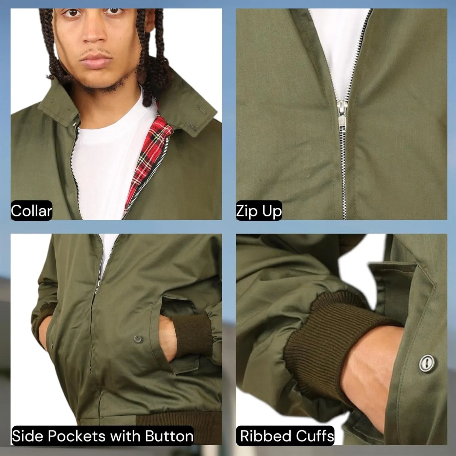 Janisramone® Classic Zip UP Men's Harrington Jacket, 1970 s Retro Vintage Bomber Jacket, Men Lightweight Jacket for Fall