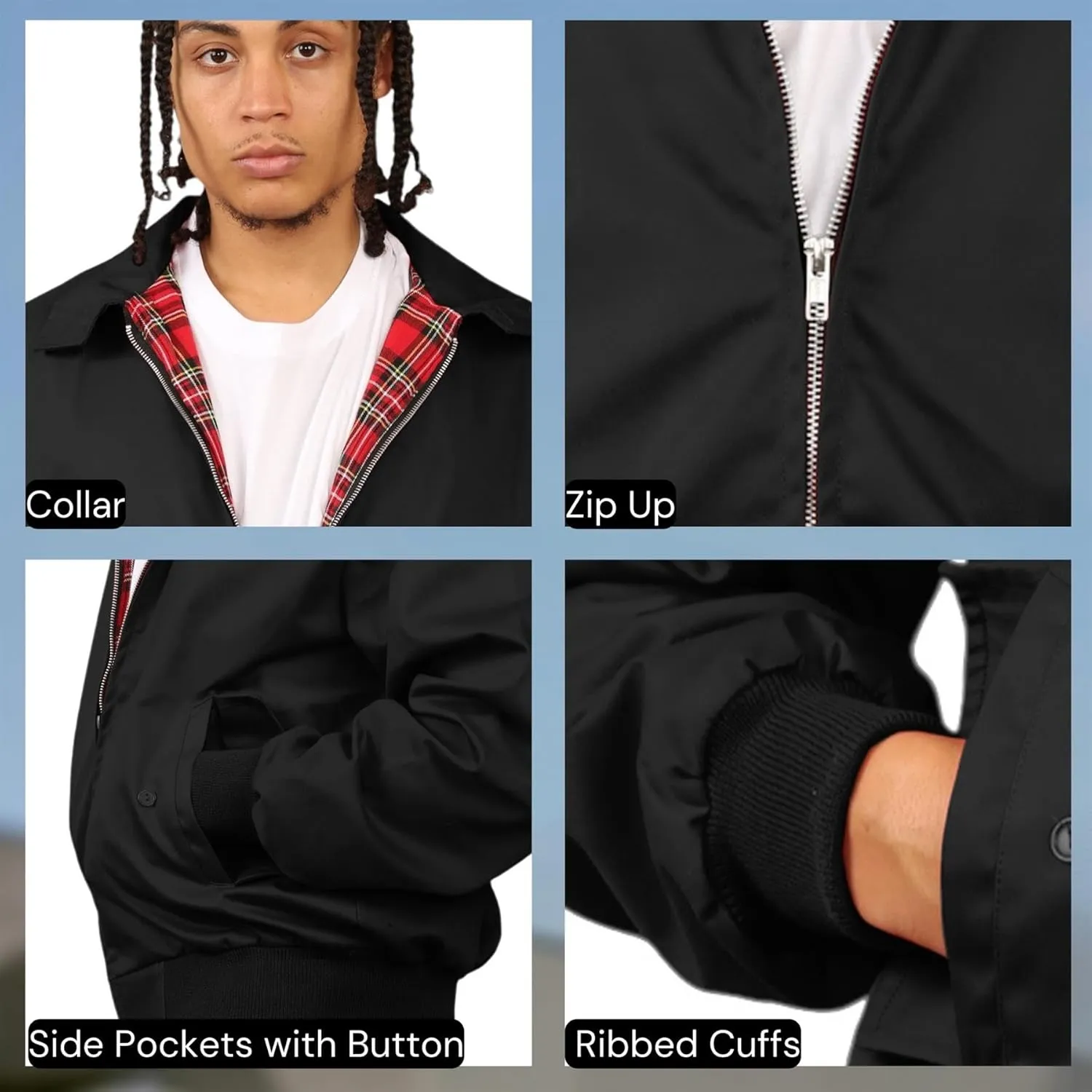 Janisramone® Classic Zip UP Men's Harrington Jacket, 1970 s Retro Vintage Bomber Jacket, Men Lightweight Jacket for Fall
