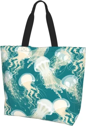 Jellyfish Canvas Tote Bag Cute Shoulder Bag Handbag Animal Casual Grocery Bags Funny Bag for Outdoor