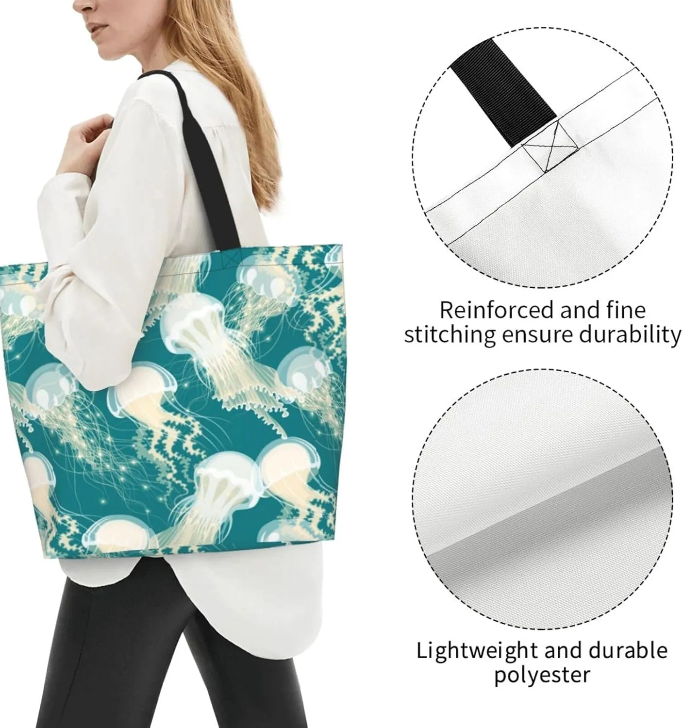 Jellyfish Canvas Tote Bag Cute Shoulder Bag Handbag Animal Casual Grocery Bags Funny Bag for Outdoor