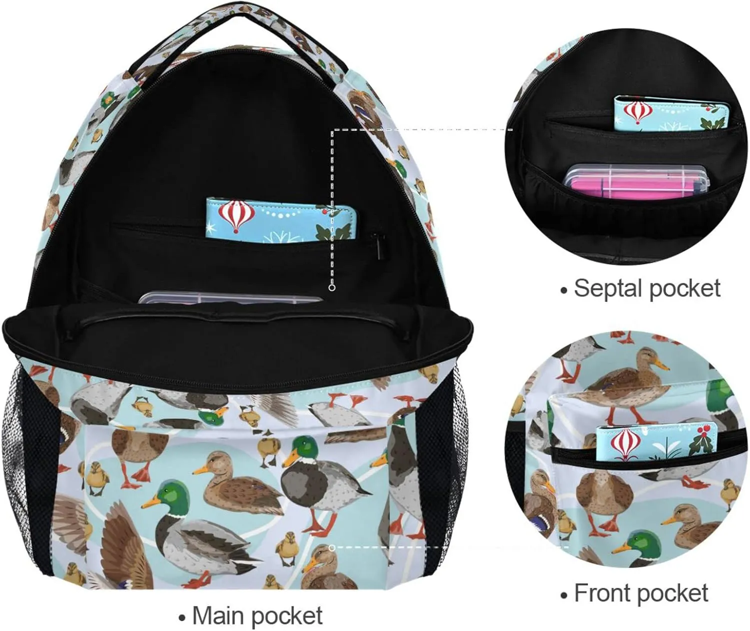 JIPONI Mallard Ducks Pattern Backpack For Girls Boys, Student School Bag Bookbag Travel Laptop Backpack Purse Daypack