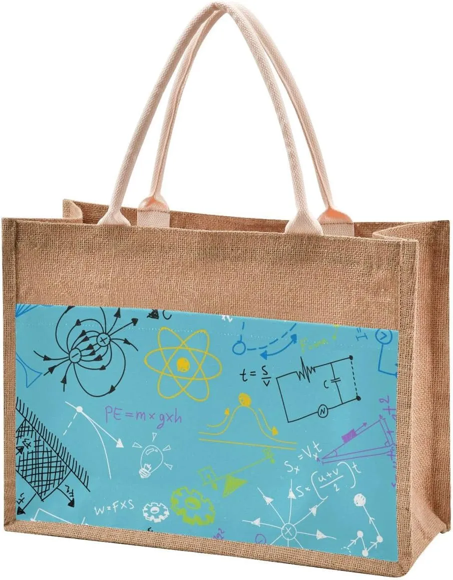 Jute Burlap Tote Blue Physics Formula Scientific Diagram Blackboard Large Beach Bag Reusable Grocery Shopping Storage Bag