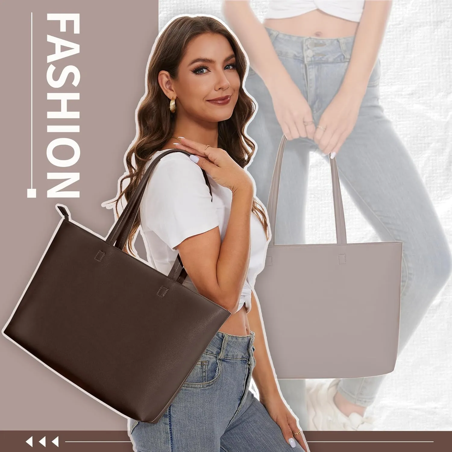 KALIDI Tote Bag Zipper Shoulder Bag Faux Leather Purses Satchel for Women Large Casual Handbag Work Dating College
