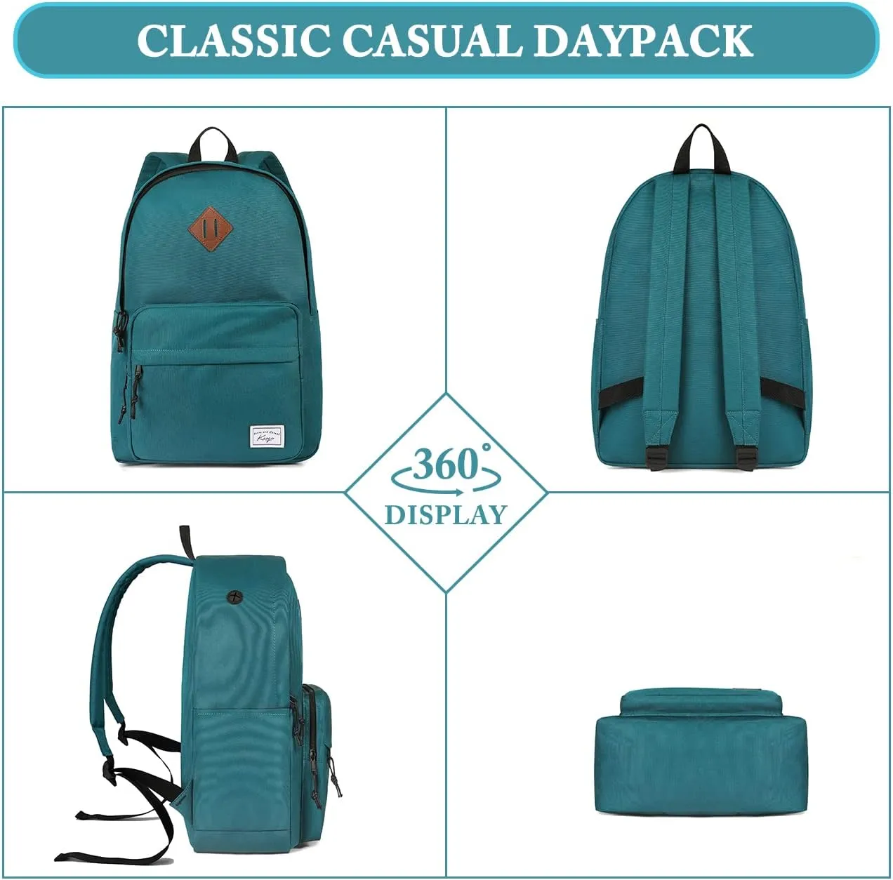 Kasqo School Backpack, 15.6 Inch Classic Lightweight Water-Resistant Backpack for Men Women Teens Girls Boys Kids to School, College, Travel, Work, Green