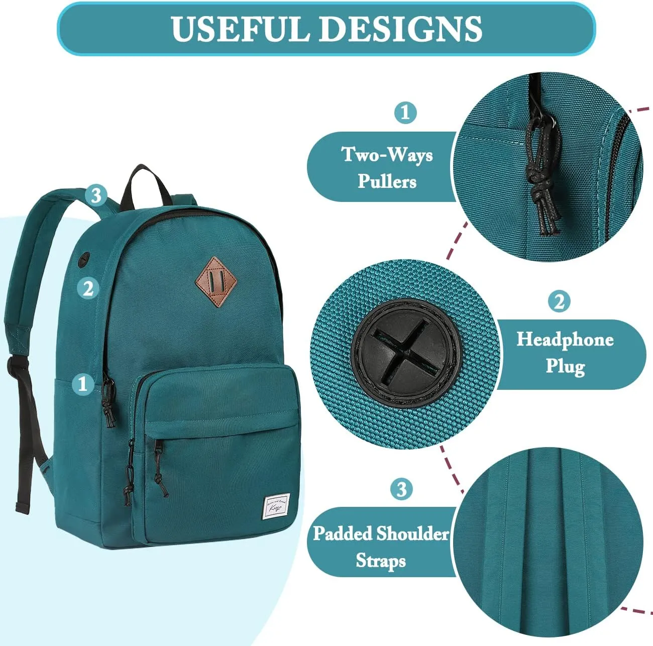 Kasqo School Backpack, 15.6 Inch Classic Lightweight Water-Resistant Backpack for Men Women Teens Girls Boys Kids to School, College, Travel, Work, Green
