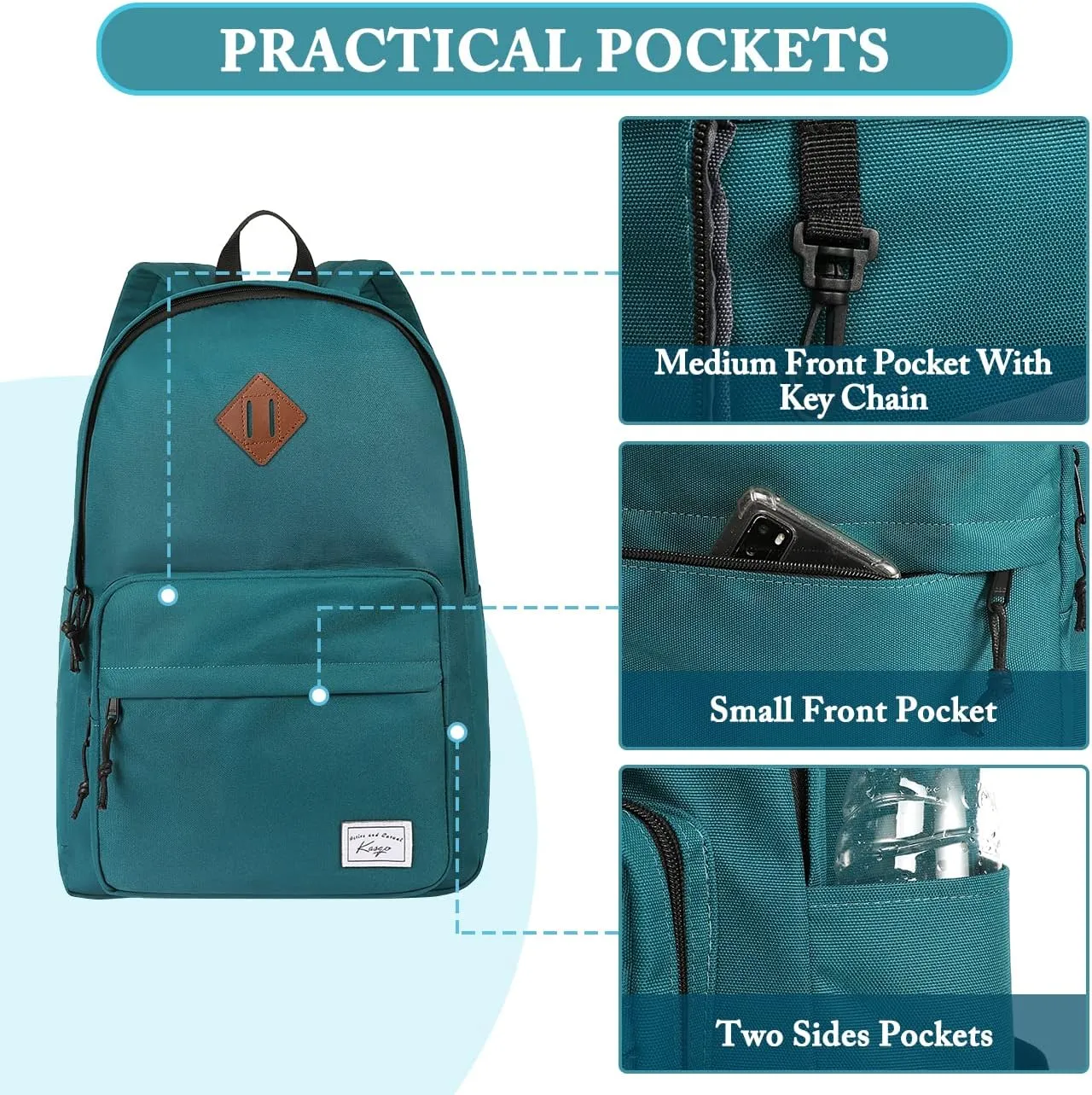 Kasqo School Backpack, 15.6 Inch Classic Lightweight Water-Resistant Backpack for Men Women Teens Girls Boys Kids to School, College, Travel, Work, Green