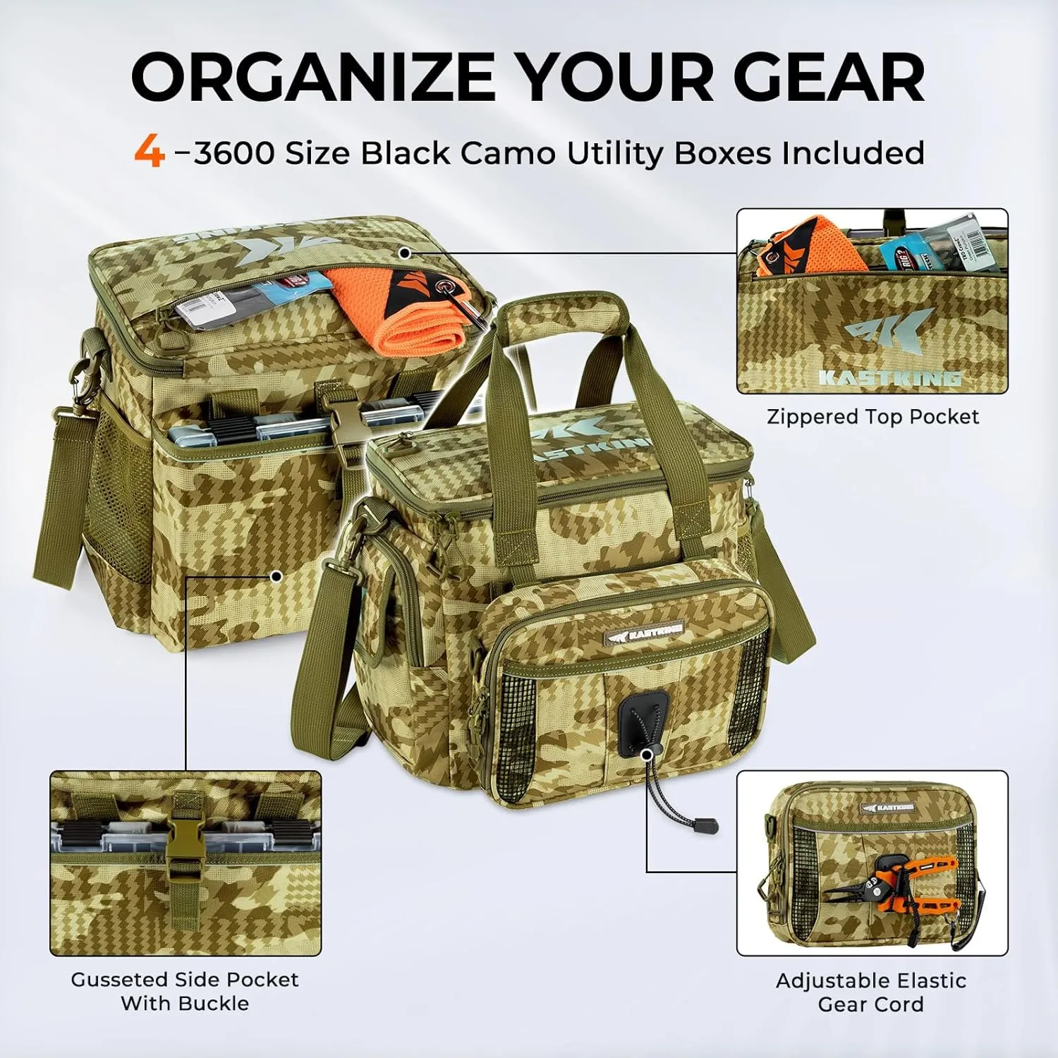 KastKing BaitSpace Fishing Tackle Bag With 4 Tackle Boxes & Removable Bait Binder, Water-Resistant Tackle Storage, Durable Fishing Gear, Adjustable Shoulder Strap