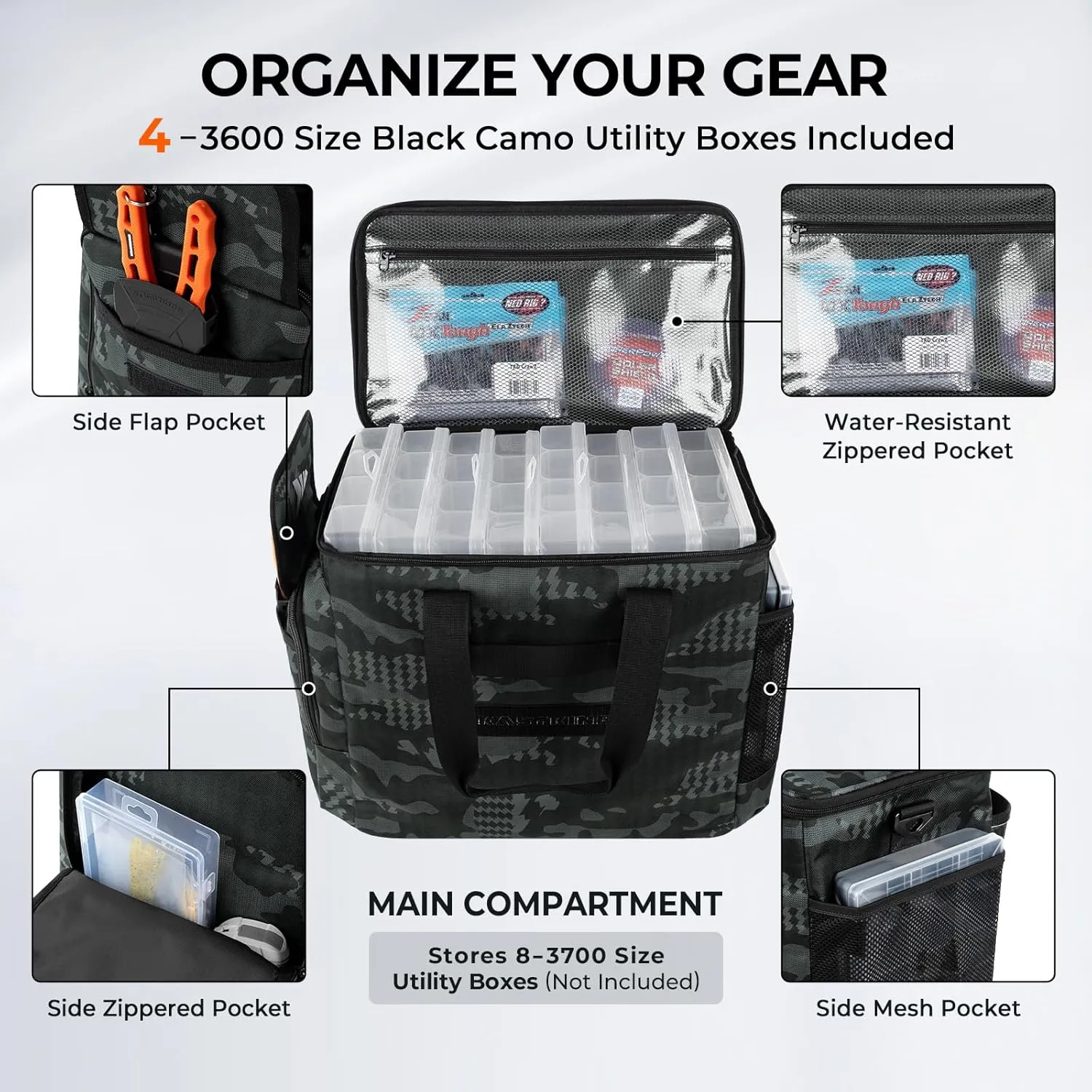 KastKing BaitSpace Fishing Tackle Bag With 4 Tackle Boxes & Removable Bait Binder, Water-Resistant Tackle Storage, Durable Fishing Gear, Adjustable Shoulder Strap
