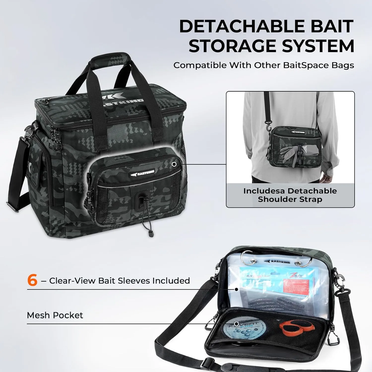 KastKing BaitSpace Fishing Tackle Bag With 4 Tackle Boxes & Removable Bait Binder, Water-Resistant Tackle Storage, Durable Fishing Gear, Adjustable Shoulder Strap