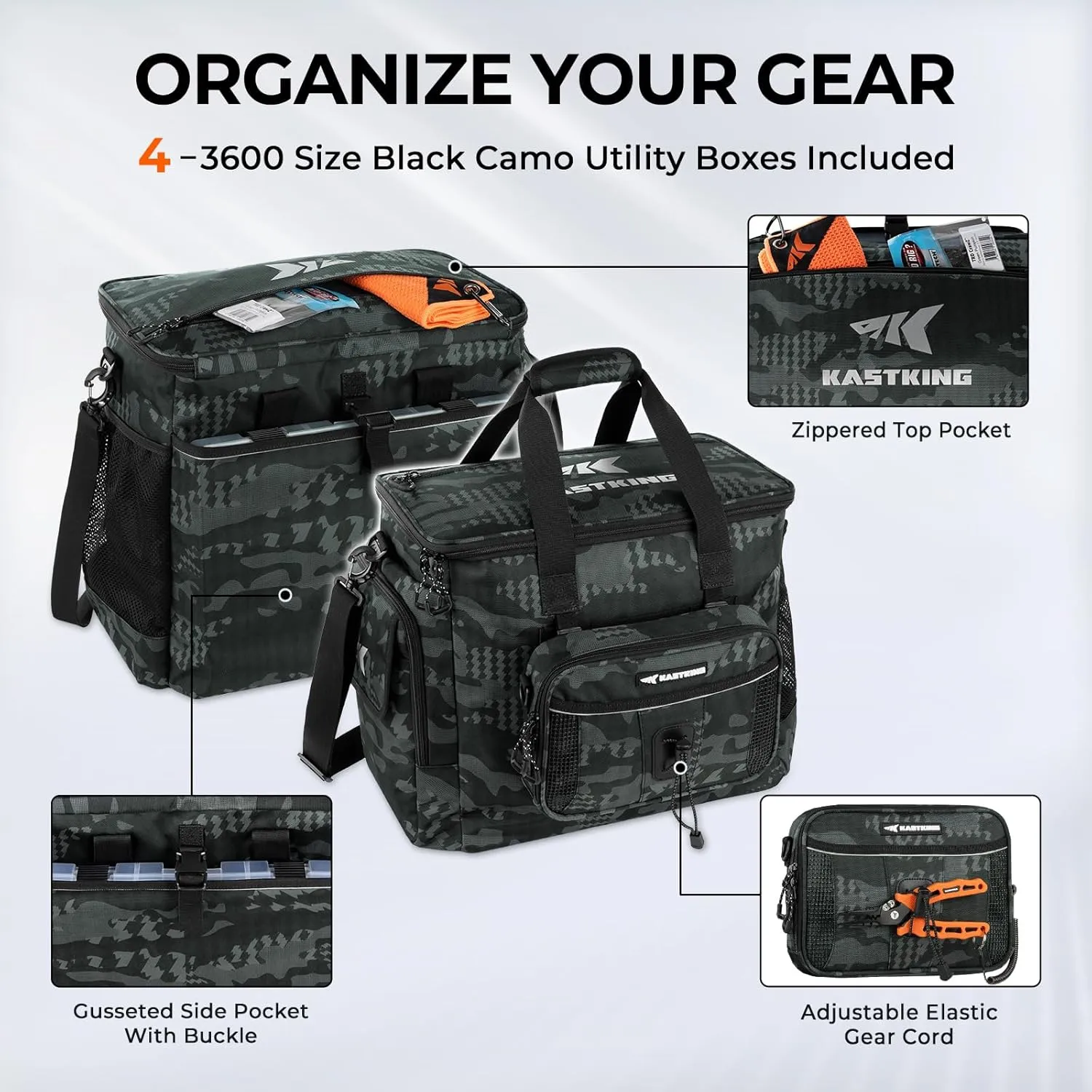 KastKing BaitSpace Fishing Tackle Bag With 4 Tackle Boxes & Removable Bait Binder, Water-Resistant Tackle Storage, Durable Fishing Gear, Adjustable Shoulder Strap