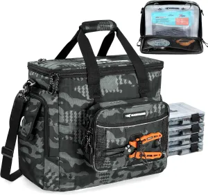 KastKing BaitSpace Fishing Tackle Bag With 4 Tackle Boxes & Removable Bait Binder, Water-Resistant Tackle Storage, Durable Fishing Gear, Adjustable Shoulder Strap