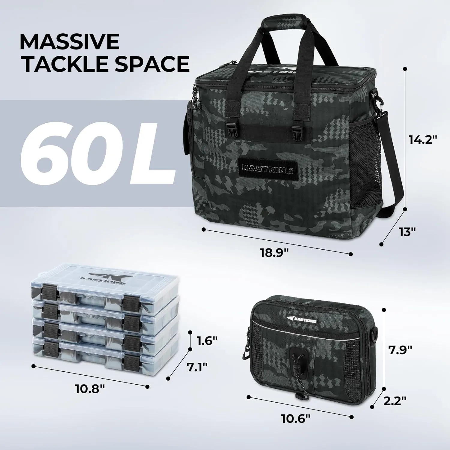 KastKing BaitSpace Fishing Tackle Bag With 4 Tackle Boxes & Removable Bait Binder, Water-Resistant Tackle Storage, Durable Fishing Gear, Adjustable Shoulder Strap
