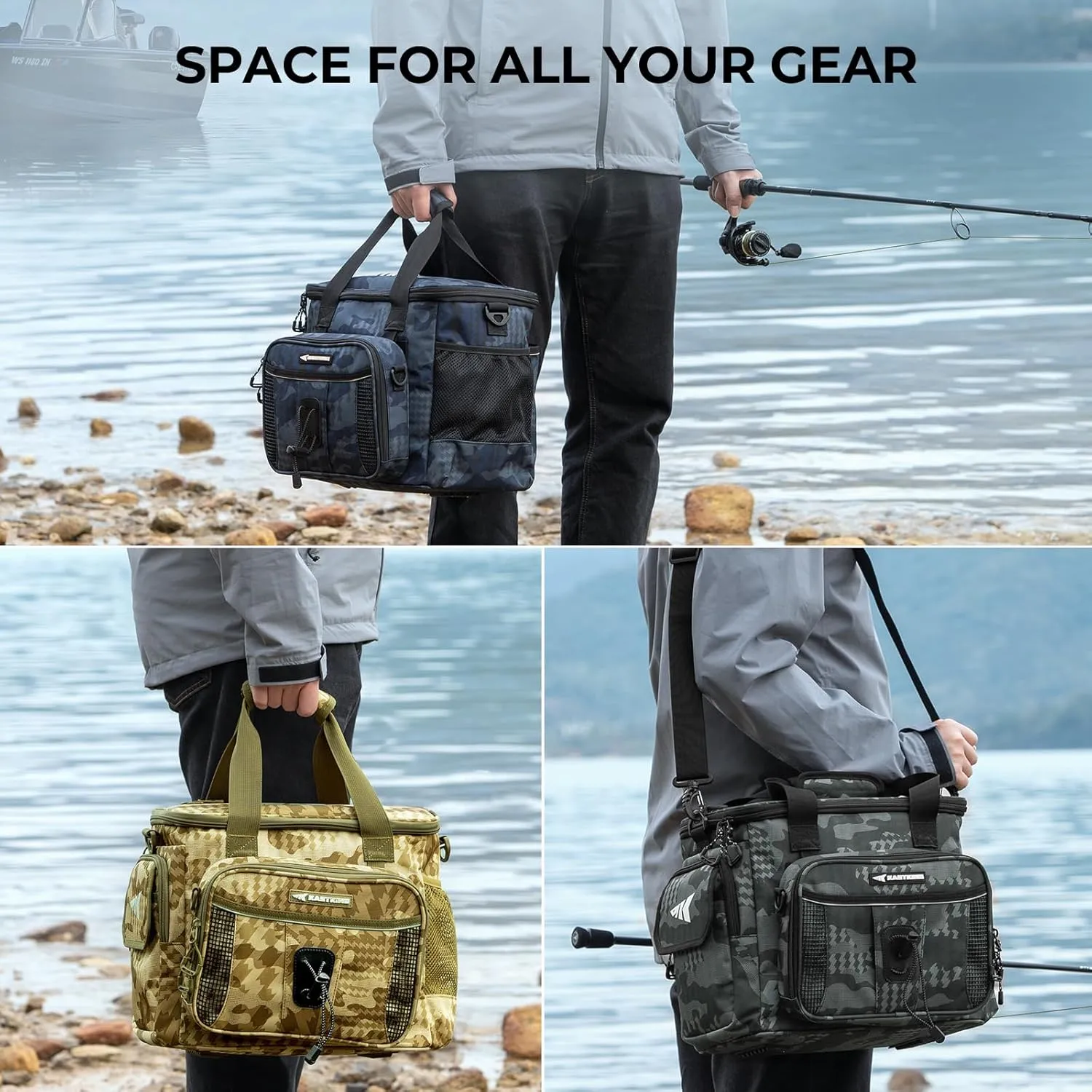 KastKing BaitSpace Fishing Tackle Bag With 4 Tackle Boxes & Removable Bait Binder, Water-Resistant Tackle Storage, Durable Fishing Gear, Adjustable Shoulder Strap