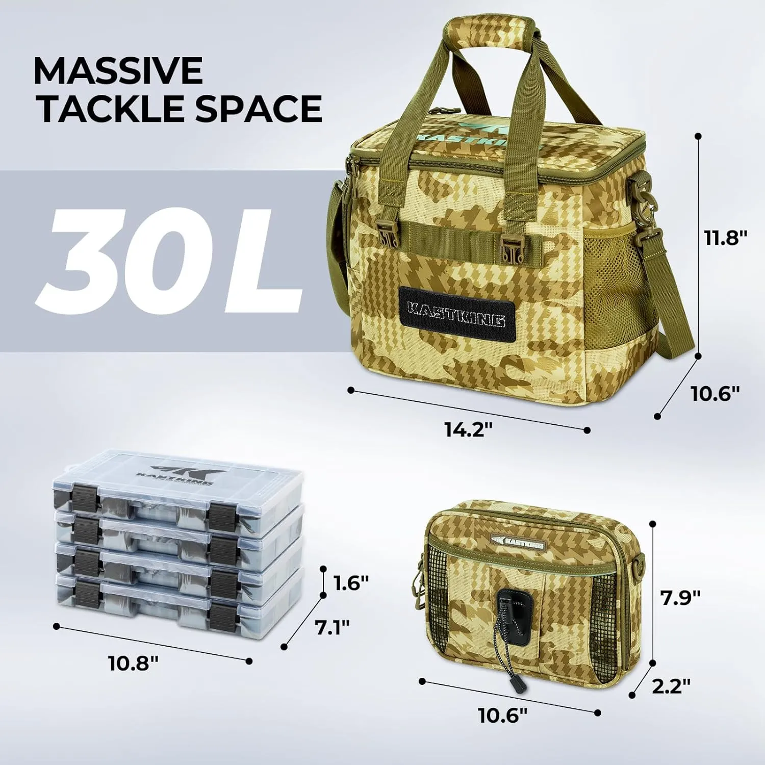 KastKing BaitSpace Fishing Tackle Bag With 4 Tackle Boxes & Removable Bait Binder, Water-Resistant Tackle Storage, Durable Fishing Gear, Adjustable Shoulder Strap